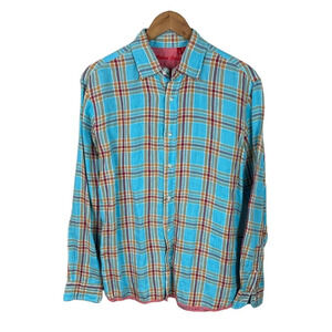 BF987 Mens Report Collection Preppy Plaid 100% LINEN Button Down Shirt M